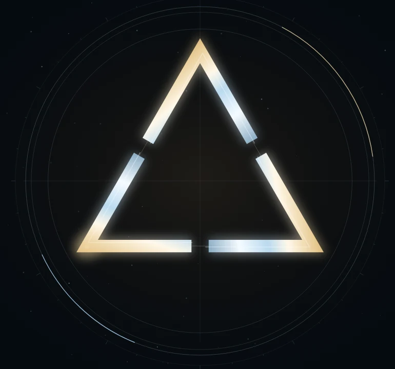 Three luminous V forms join into one equal-sided symbol, surrounded by fine orbital lines.